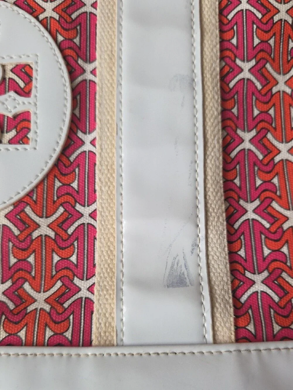 Tory Burch Coral Patterned Canvas Tote with White Trim